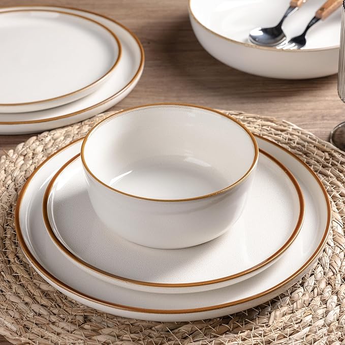 GBHOME Ceramic Dinnerware Sets for 8, 24 Pieces Stoneware Plates and Bowls Sets, Scratch Resistant Dishes, Dishwasher & Microwave Safe, Reactive Glaze-Pearl White