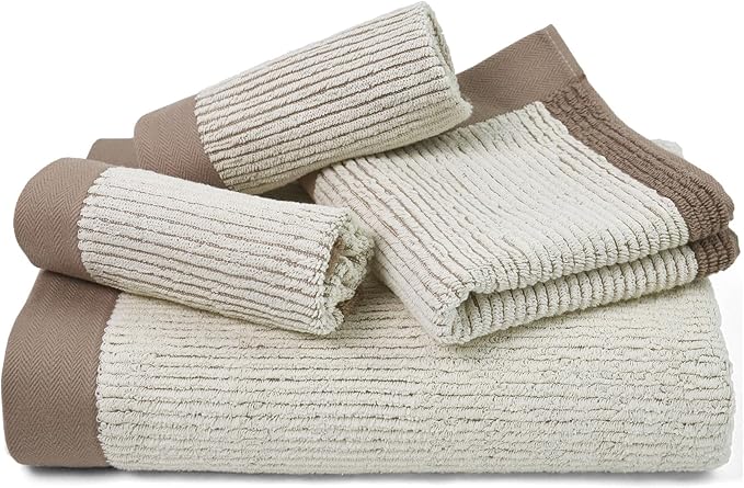 Cleanbear Bathroom Towels Set 4 Piece, 100% Cotton, Ultra Soft, Absorbent and Quick Dry Towel Set, 1 Bath, 1 Hand, 2 Washcloths, Light Beige with Brown Border, Suitable for Men and Women