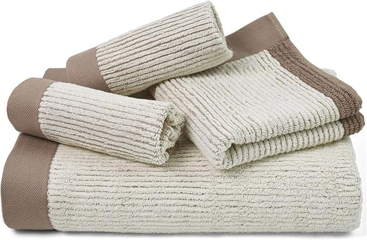 Cleanbear Bathroom Towels Set 4 Piece, 100% Cotton, Ultra Soft, Absorbent and Quick Dry Towel Set, 1 Bath, 1 Hand, 2 Washcloths, Light Beige with Brown Border, Suitable for Men and Women