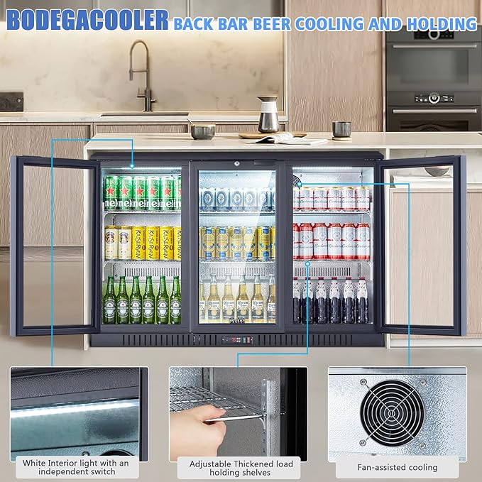 BODEGA BODEGACOOLER Commercial Bar Cooler With 3 Glass Doors,11.4 Cu.Ft Under Counter Beverage Refrigerator,Back Bar Refrigerator,Commercial Display Drink Fridge,LED Lighting Beer Wine Soda Drinks