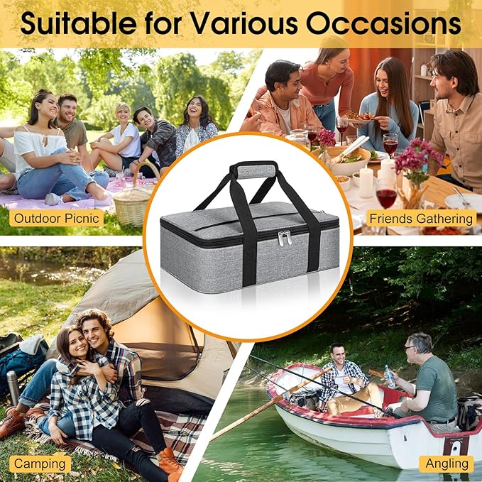 Insulated Casserole Carrier, Portable Casserole Carrier for Hot or Cold Food Lunch Tote Warmer or Cooler Bag, Lasagna Lunch Bag for Potluck Parties- Fits 9" x 13" Baking Dish-Light Gray