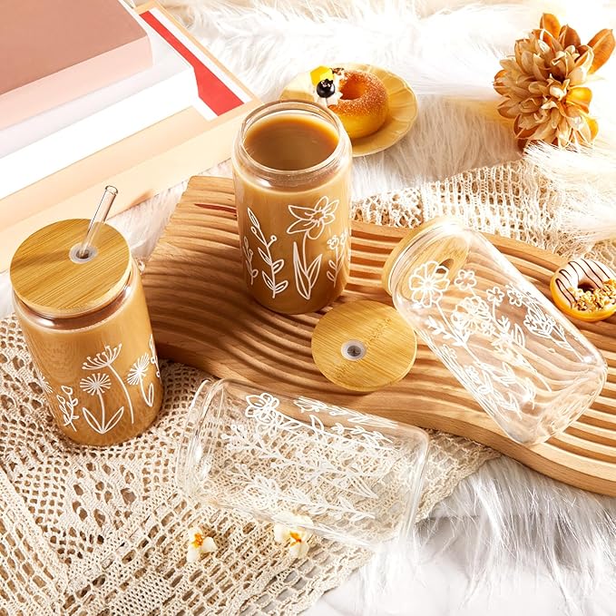 Mumufy Gift for Women Cute Glass Cup Tumbler Flower Iced Coffee Mugs 16 oz Glass with Bamboo Lid & Straw, Mothers Day Birthday Gift for Mom Sister Bridesmaid Baby Shower(18 Pack,Boho Floral)