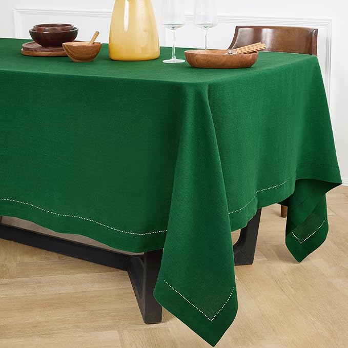 Solino Home Green Linen Tablecloth 70 x 132 Inch - 100% Pure Linen Hemstitch Table Cloth for Rectangle Tables - Sonoma Hemstitch, Machine Washable Tablecloth