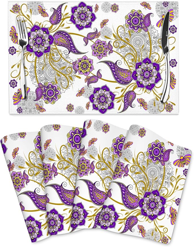 Boho Floral Placemats Set of 4 Linen Washable Non-Slip Heat-Resistant Purple Kitchen Table Mats for Dining Outdoor Party Home Decor 12x18 Inch Flower Decorative Place Mats