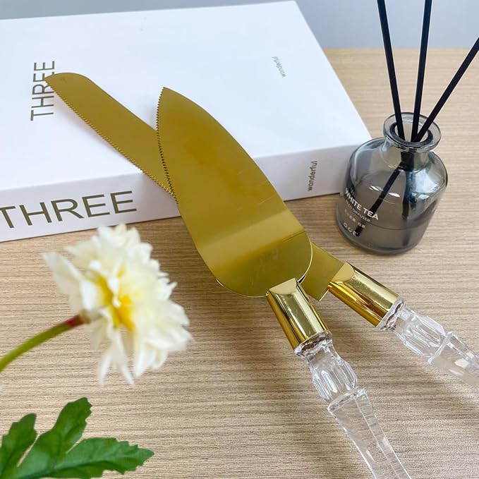 Adorox Elegant Cake Knife and Server Set - Stainless Steel with Crystal Handle - Perfect for Weddings & Anniversaries,and Special Celebrations (Gold)