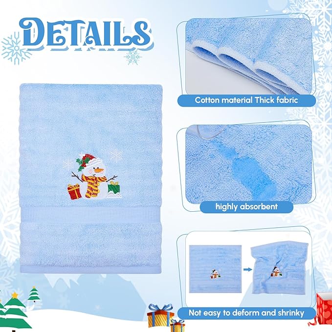 Peryiter 6 Pack Cotton Christmas Snowman Bath Towels Set Blue Winter Towels for Bathroom, Soft and Absorbent, Contains 2 Bath Cloth, 2 Hand Cloth and 2 Wash Cloths