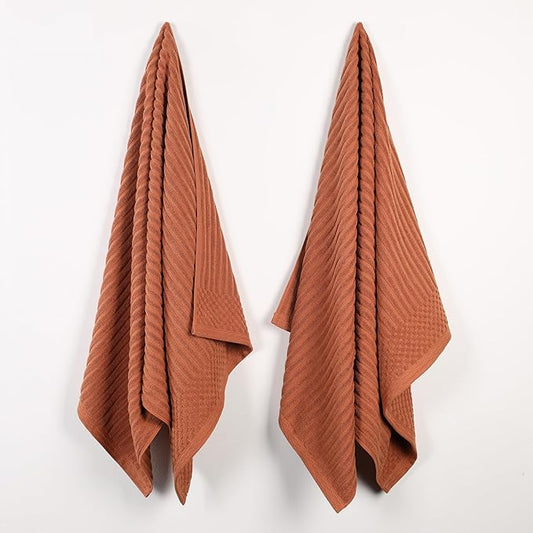 Superior Cotton Bath Sheet Set of 2, Daily Use for Bathroom, Guest Bath, Quick Dry, Spa, Resort Towels, Ribbed, Absorbent, Home Essentials, 2-Piece Oversized Bath Sheets, Soho Collection, Rust