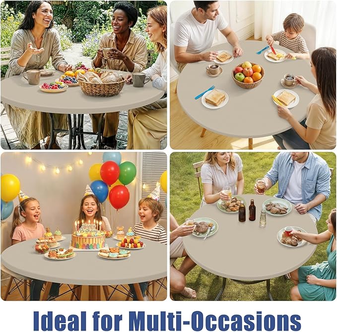 Round Spandex Tablecloth, Elastic Fitted Waterproof Tablecloths for 57"-68" Tables, Stretch Washable Picnic Table Cover for Camping, Dining, Indoor and Outdoor, Taupe