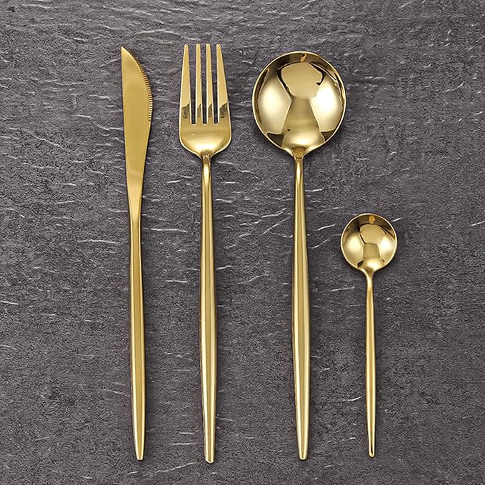 24 pcs Flatware Set, Gold Stainless Steel Flatware Set for 6, Knife Fork Spoon, Home Dinnerware Tableware Set for 6, Cutlery Set, Include Knives/Forks/Spoons…