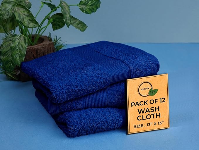 Premium Wash Cloths Pack of 12 (13" x 13") 100% Ring Spun Cotton | Luxury Washcloths | Ultra Soft Face Towels | Highly Absorbent Wash Cloths for face (Royal Blue)