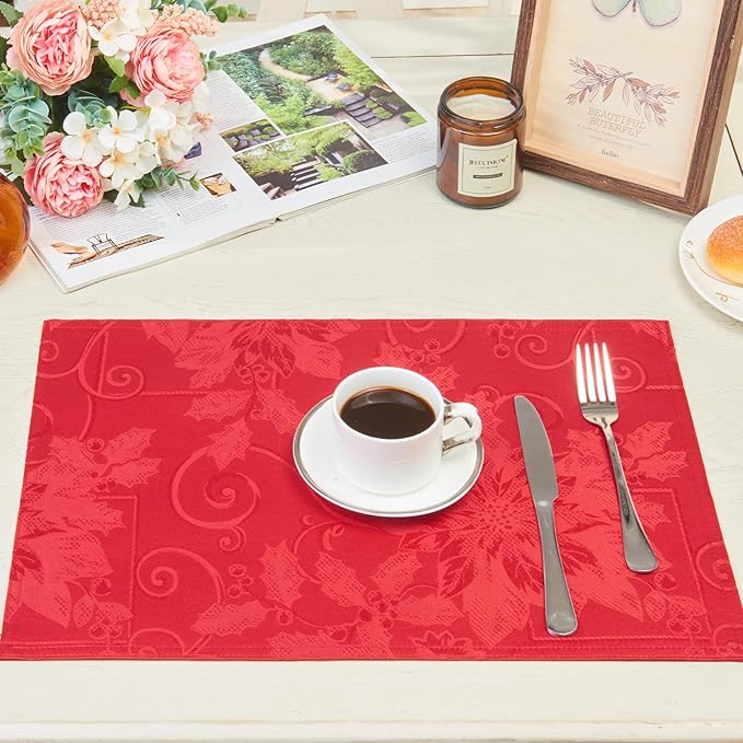 Cloth Place Mats Set of 8–Reusable Rectangular Waterproof Fabric Polyester Washable Wipeable Heat Resistant jacquard floral flowers for Kitchen Dining Dinner Wedding Table(Dark Red/13x19 Inch)