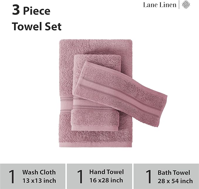 LANE LINEN Luxury Bath Towels Set - 3 Piece Set, 100% Cotton Bathroom Towels, Zero Twist, Quick Shower Towels, Absorbent Bath Towel, Soft, 1 Bath Towel, 1 Hand Towel, 1 Wash Cloths - Wishful Mauve