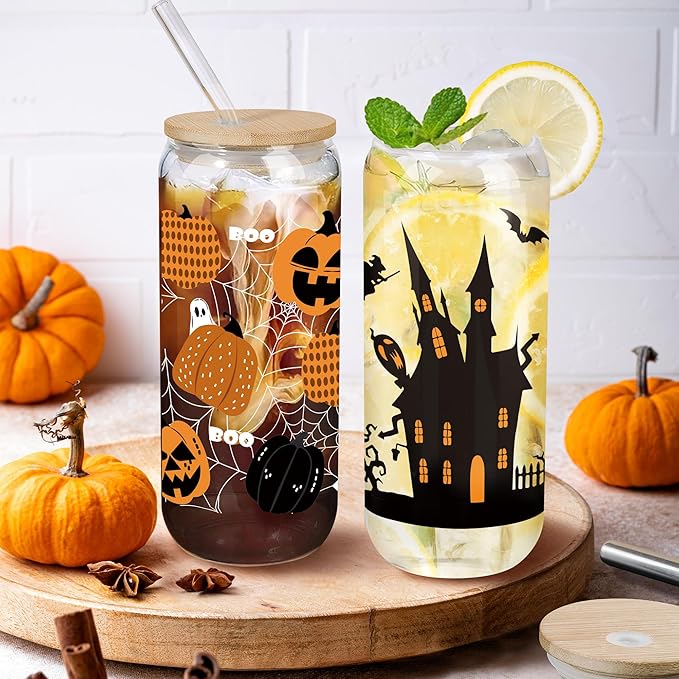 Joeyan Halloween Glass Cups with Lids and Straws,20 oz Iced Coffee Tumbler with Pumpkin Ghost Cobweb Patterns,Cute Funny Can Shaped Beer Drinking Glasses,Holiday Gifts for Women Mom Friend Teen