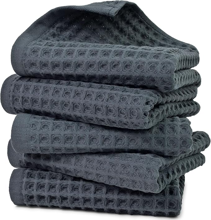 Jacquotha Waffle Hand Towels for Bathroom 5-Piece (Charcoal Blue) – Cotton Quick Dry Lint Free Face Towels 13” x 29”