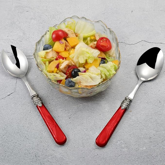 2-piece Salad Servers Stainless Steel Salad Serving Set Salad Fork and Spoon (Red)