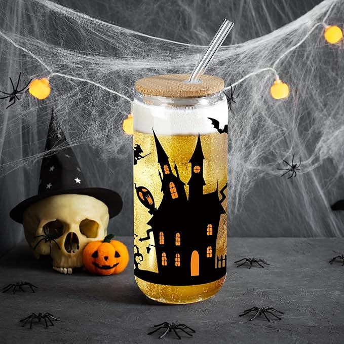 Joeyan Halloween Glass Cups with Lids and Straws,20 oz Haunted House and Cat Iced Coffee Tumbler,Funny Can Shaped Beer Drinking Glasses,Holiday Gifts for Women Mom Friend Teen