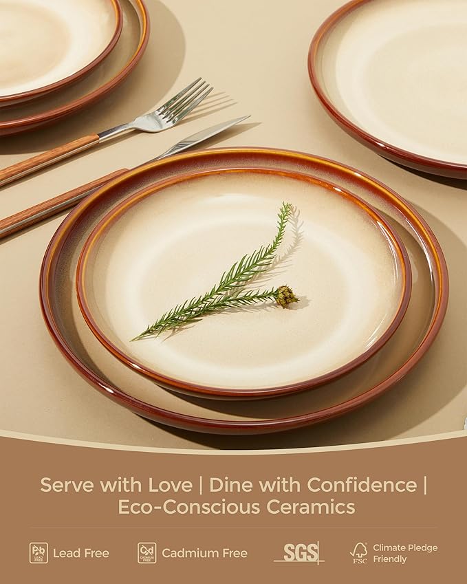 24 Piece Dinnerware Sets for 8, Modern Stoneware Plates and Bowls Sets, Perfect for Family Gatherings & Holiday Celebrations, Easy Cleaning Dish Set, Stack Compactly Dinner Set, Brown Yellow