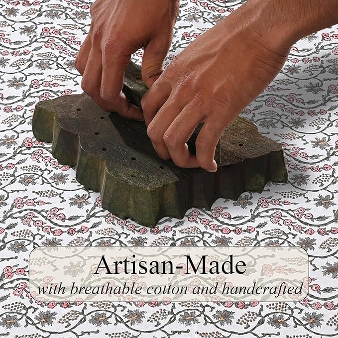 Ridhi Coral Pink Hand Block Print Cotton Rectangle Tablecloth 120" x 60" inches Reusable Table Cover Decorative Everyday Use for Dining, Farmhouse, Home, Party, Festive, Wedding, Fall