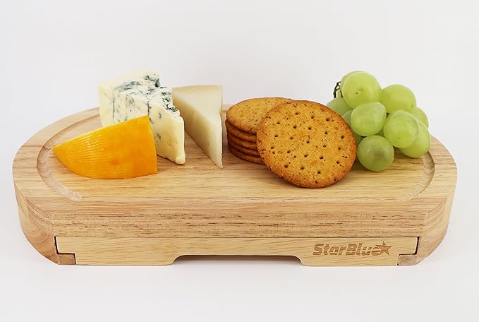 Cheese Board Set by StarBlue - with 4 Knives and Slide Out Drawer | Large Oak Wooden Cheese and Platter Cutting Serving Plate Tray | Best for Housewarming and Birthday Gift