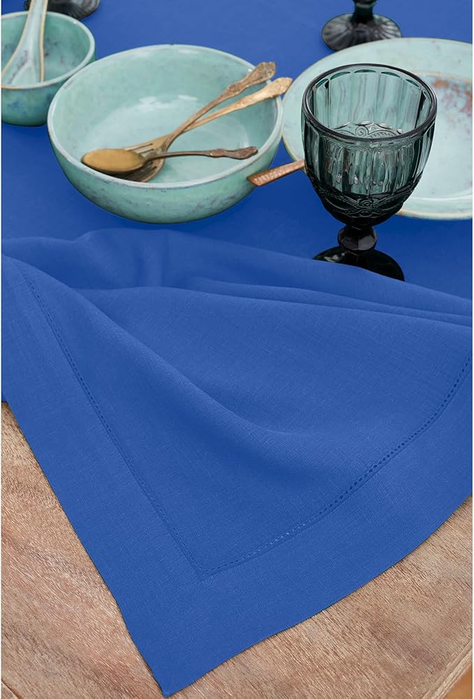 Solino Home Linen Tablecloth for Rectangle Tables 60 x 120 Inch - Classic Hemstitch 100% Pure Linen Royal Blue Table Cloth - Machine Washable Cloth Tablecloth for New Year