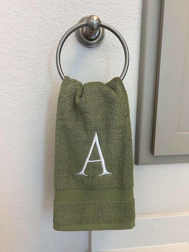 Sage Initial Hand Towel for Bathroom - Monogrammed Luxury Hotel Quality Decorative Embroidered Towel for Powder Room, Spa - GOTS Organic Certified - Set of 2 Letter L
