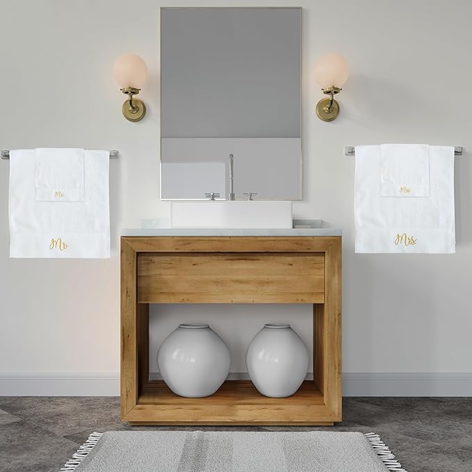 RUBBER BOND Mr and Mrs Towels Set with Gift Box - 4 Pack Bath & Hand Towels for Couples - Cotton Towels Set - Wedding, Honeymoon Gifts - White Bathroom Towel Set with Gold Embroidery