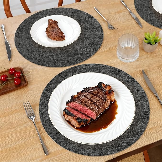 Maxpearl Round Placemats Set of 6, 13.8 inch Faux Leather Heat Resistant Table Mats, Non Slip Waterproof Wipeable Place Mats for Kitchen Dining Holiday Party Table Settings, Black