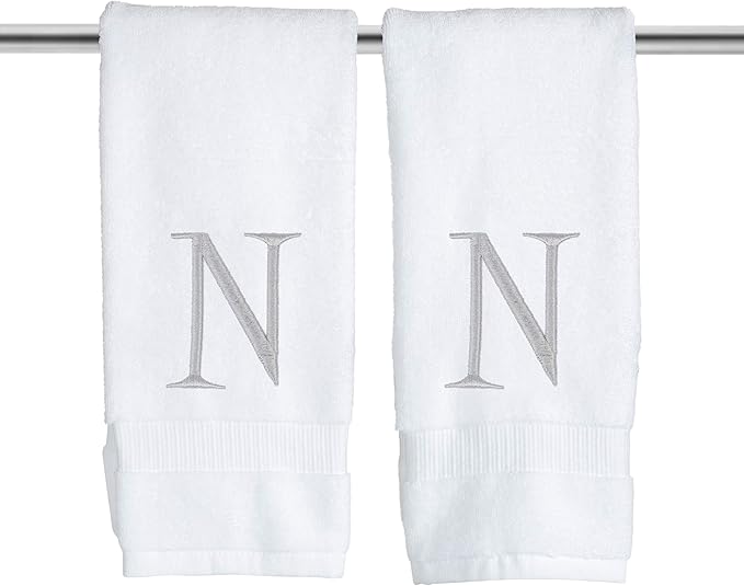 Monogrammed Hand Towels for Bathroom - Luxury Hotel Quality Personalized Initial Decorative Embroidered Bath Towel for Powder Room, Spa - GOTS Organic Certified - Set of 2 Letter N