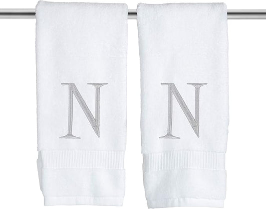Monogrammed Hand Towels for Bathroom - Luxury Hotel Quality Personalized Initial Decorative Embroidered Bath Towel for Powder Room, Spa - GOTS Organic Certified - Set of 2 Letter N