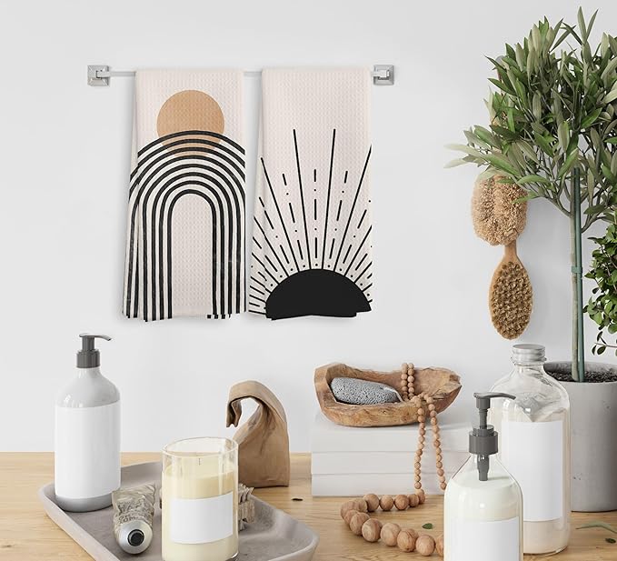 Boho Black Sun Sunrise Sunshine Rainbow Kitchen Towels and Dishcloths Sets of 2,Bohemian Absorbent Drying Cloth Hand Towels Tea Towels for Bathroom Kitchen,Boho Gifts for Women Girls,16×24 inches