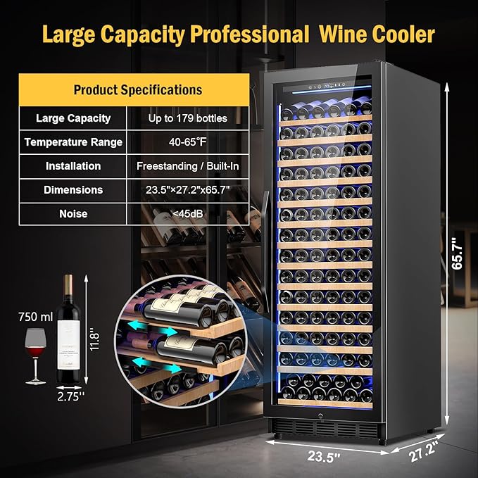 Wine Fridge Freestanding,173 Bottles 24 Inch Wine Cooler Refrigerator, Tall Wine Fridge with Compressor Low Noise Fast Cooling, Wine Cellar with Upgraded Door Handle Sliding Rail Shelves, Black