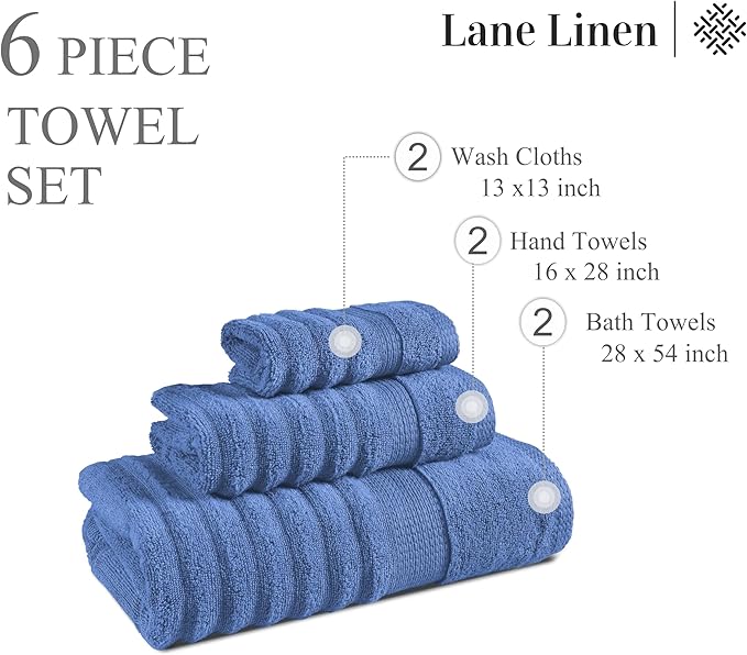 LANE LINEN Bath Towels Set - Luxury 100% Cotton Towels for Bathroom, Hotel & Spa - Zero Twist, Soft, Absorbent, Textured Bathroom Towel Set - Includes 2 Bath, 2 Hand & 2 Washcloths - Cerulean Blue