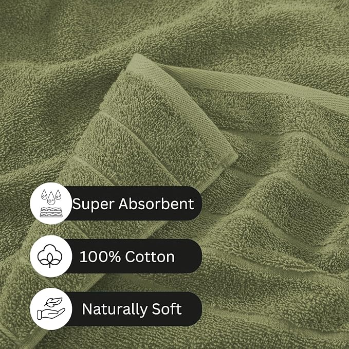 Casa Platino 100% Cotton Premium Bathroom Towel Set - 12 Pieces - Ring Spun, Quick Dry, Super Soft & Highly Absorbent - 4 Bath Towels, 8 Washcloths, 6 Hand Towels for Bathroom - Pre Shrunk - Oil Green