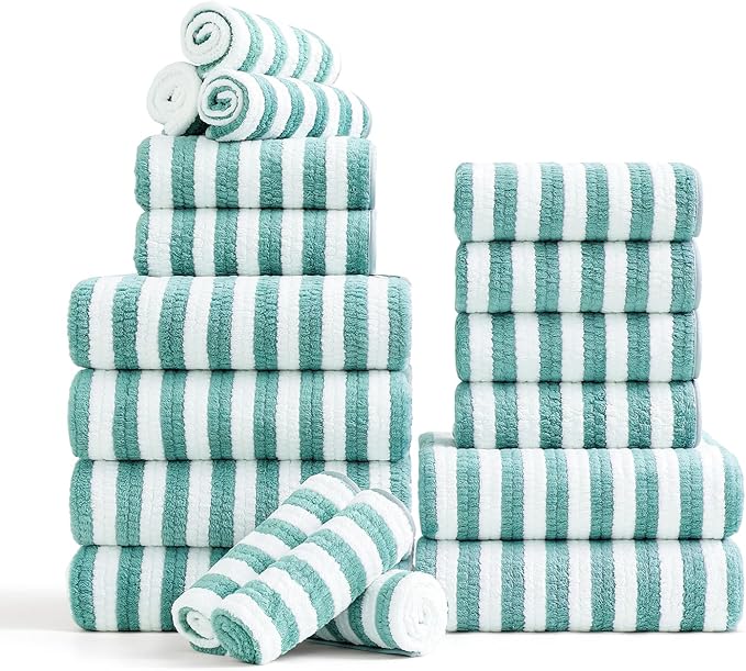 18-Piece Microfiber Bath Towels Set - 6 Bath Sheet, 6 Hand Towels, 6 Washcloths, Soft, Highly Absorbent Bathroom Towel, Quick Dry & Less Lint Shower towel for Bathroom, Hotel, Spa, Dorm-Aquamarine