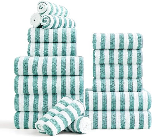 18-Piece Microfiber Bath Towels Set - 6 Bath Sheet, 6 Hand Towels, 6 Washcloths, Soft, Highly Absorbent Bathroom Towel, Quick Dry & Less Lint Shower towel for Bathroom, Hotel, Spa, Dorm-Aquamarine