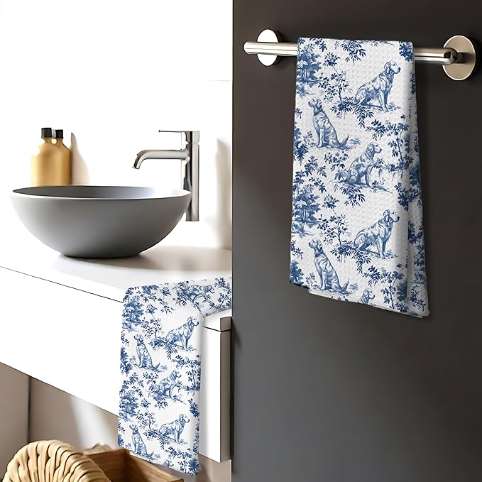 Chinoiserie Golden Retriever Kitchen Towels Set of 4,Blue and White Floral Golden Retriever Decorative Dish Tea Towels, Grandmillennial Botanical Dog Hand Towels for Kitchen Bathroom, 16x24 Inch