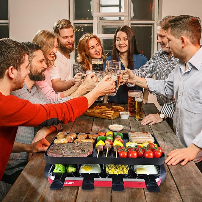 TAMARIT Classic 8 Person Raclette Grill 1500W Electric Tabletop Griddle with Reversible Plate, 8 Non-Stick Cheese Trays and Spatulas Indoor Portable Korean BBQ Barbecue Party Grill Red