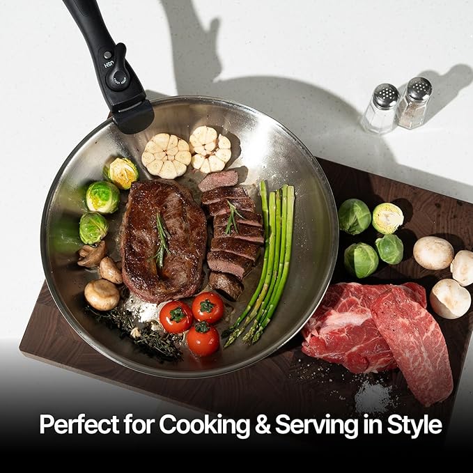 316 Stainless Steel Removable Handle Cookware, 5-Ply Stackable Cookware Set, 6-Piece Pans with Universal Lid, Induction Compatible, Oven & Dishwasher Safe