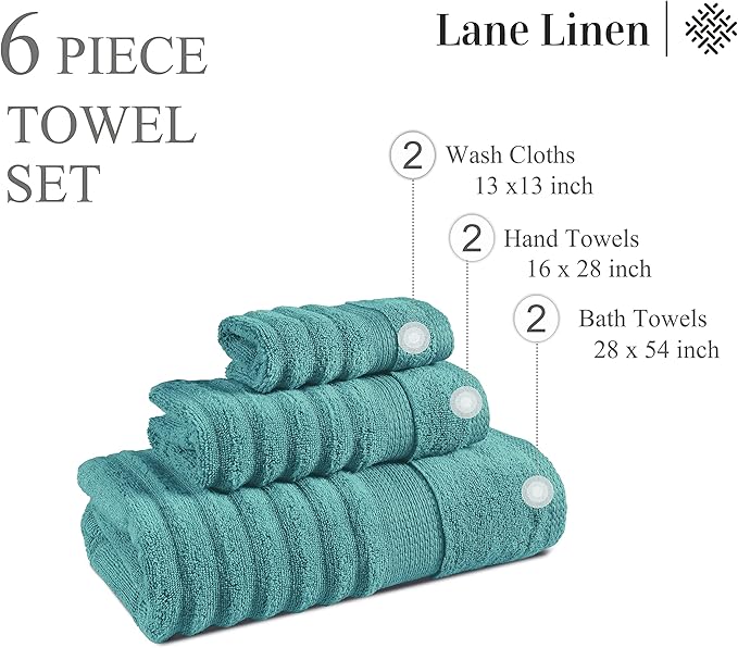 LANE LINEN Large Bath Towels Set - Premium Quality, Soft, 100% Cotton Towels for Bathroom, Hotel & Spa - Includes 2 Bath, 2 Hand & 2 Wash Cloths, Super Absorbent Quick Dry Towel (6 Piece Set) - Teal