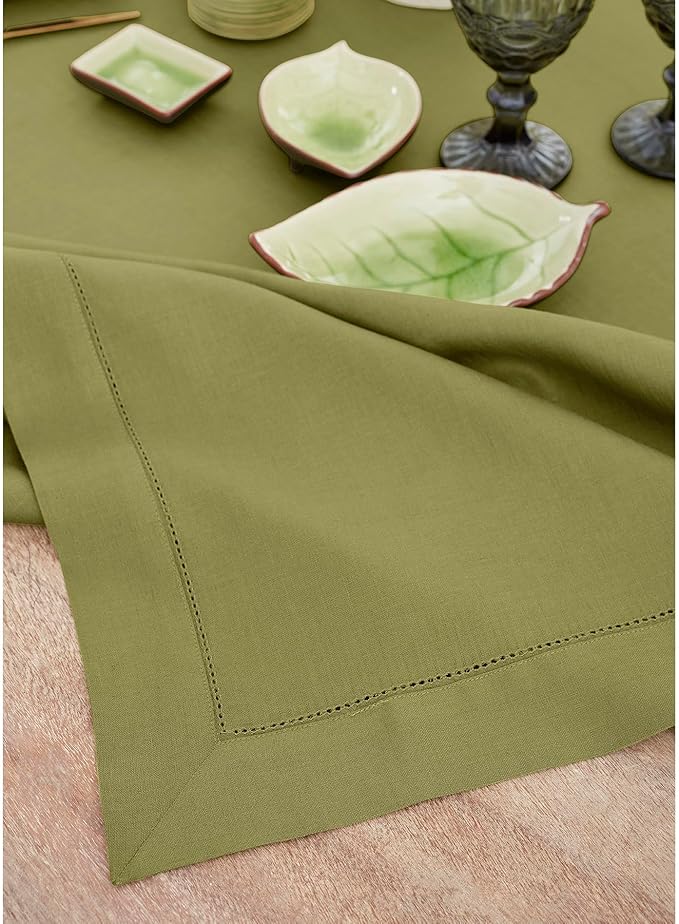 Solino Home Linen Tablecloth 60 x 144 Inch - Classic Hemstitch 100% Pure Linen Avocado Green Table Cloth for Rectangle Tables - Machine Washable Tablecloth for Winter