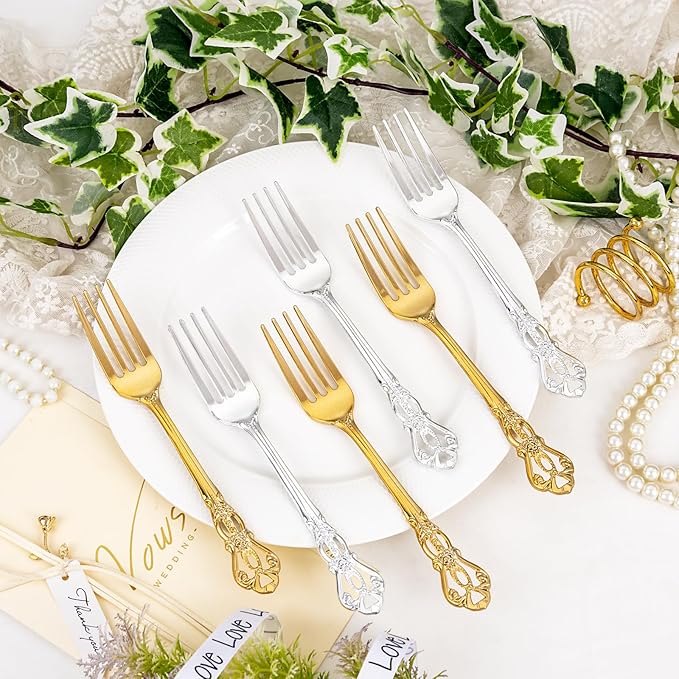 75PCS Gold Plastic Forks - 8.1inch Gold Forks Disposable - Vintage Heavy Duty Dessert Forks - Premium Fancy Plastic Silverware for Parties, Weddings, Dinners and Events