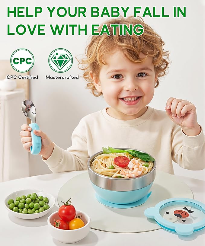 Suction Bowl and Spoon Set for Babies and Toddlers Non-Slip Silicone Suction Cups, Advanced 304 Stainless Steel Bowls, Double-Layer Insulation, and BPA-Free Lids Food-Grade Safety BLUE