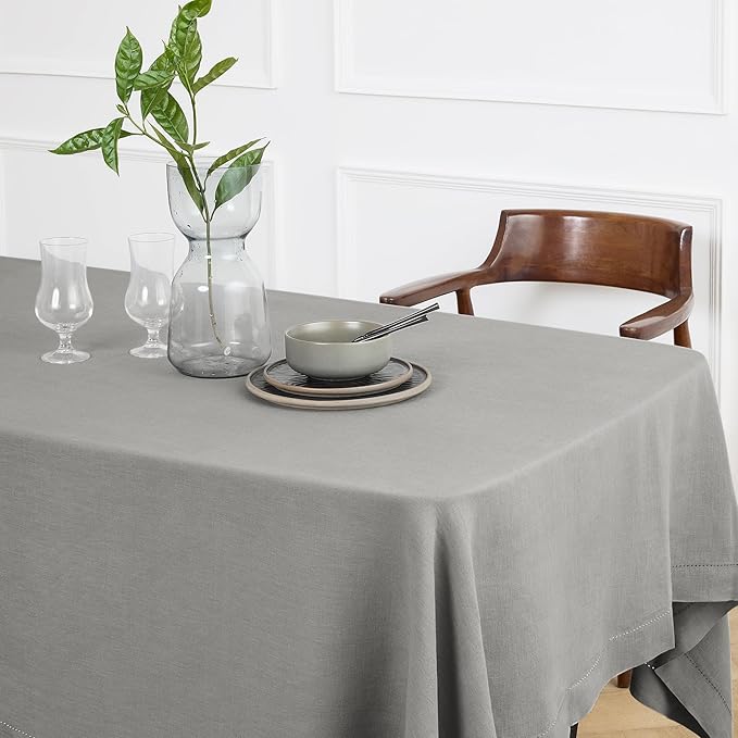 Solino Home Linen Grey Tablecloth 70 x 120 Inch - Sonoma Hemstitch, 100% Pure Linen Rectangular Tablecloth - Machine Washable Table Cloth