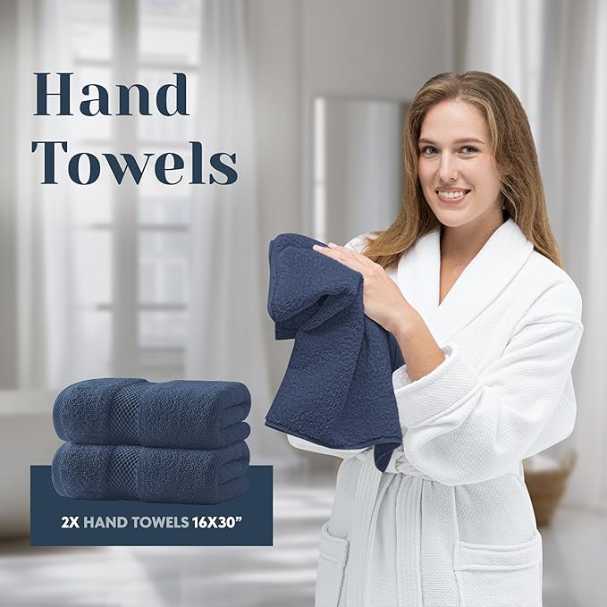 White Classic Luxury Bath Towel Set of 8 Pieces - 100% Turkish Cotton Highly Absorbent Towels for Bathroom, 2 Luxury Bath Towels 700GSM, 2 Hand Towels, 4 Washcloths, Navy