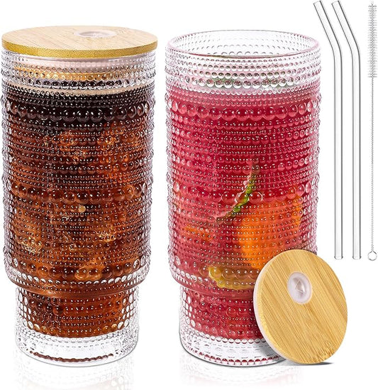 16 Oz Glass Cups with Lids and Straws, Vintage Embossed Glassware for Whiskey Cocktail Beer, Iced Coffee Cup with Lid, Glass Tumbler (2 PACK)
