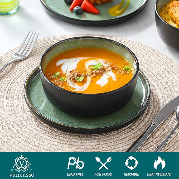 vancasso Plates and Bowls Sets, 18 Pieces Stoneware Dinnerware Sets for 6, Kitchen Dish Set Mircowave and Dishwasher Safe Ceramic Dishware, Turf Green, Series AMBER