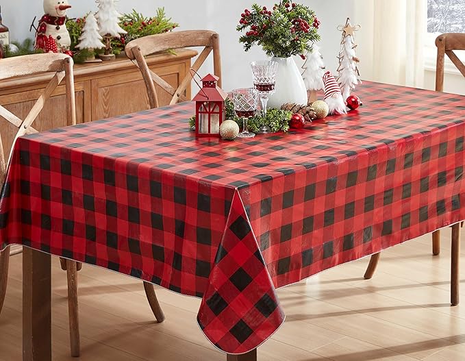 Newbridge Holiday Buffalo Plaid Vinyl Christmas Tablecloth with Flannel Backing, Red & Black Rustic Cottage Check, Wipe Clean, 60 x 120 Inch Rectangle