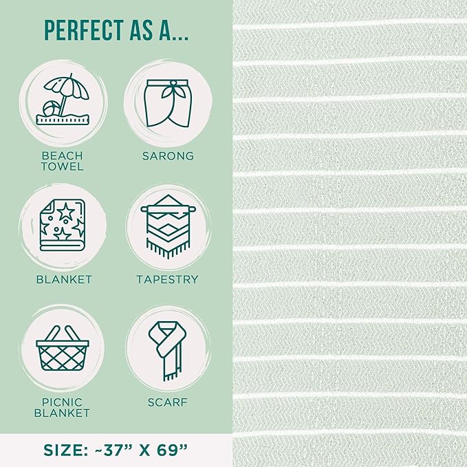 Sand Cloud Turkish Beach Towel - Sand Proof - 100% Certified Organic Turkish Towel - Quick Dry Towel for Beach, Picnic, Blanket or Bath Towel - As Seen on Shark Tank - Gocek (Sage Green)