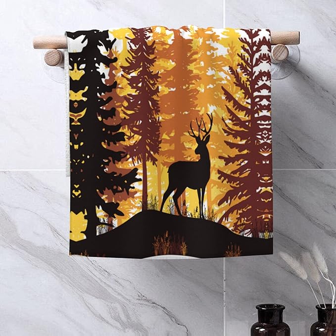 Sunset in Coniferous Forest Hand Towel Set,Deer with Sunset Hand Towels for Bathroom 2 Pack Soft Absorbent Decorative Dish Towel for Kitchen Sports Gym Yoga Home Decor 14 x 28 in