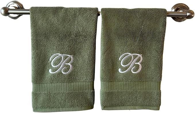 Sage Monogrammed Hand Towels for Bathroom - Luxury Hotel Quality Personalized Initial Embroidered Towel for Powder Room, Spa - GOTS Organic Certified - Set of 2 White Letter B